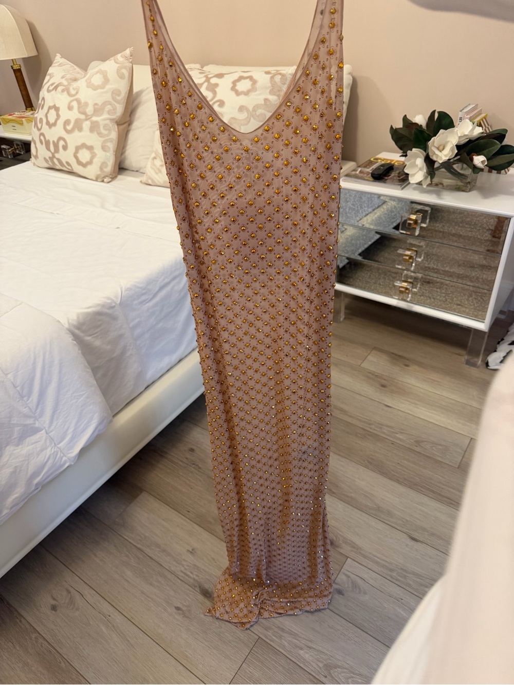 Beaded Champagne Maxi Dress with Gold Accents
